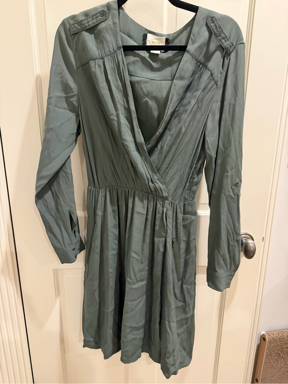 Maeve Sage Green Surplice Long-Sleeve Dress